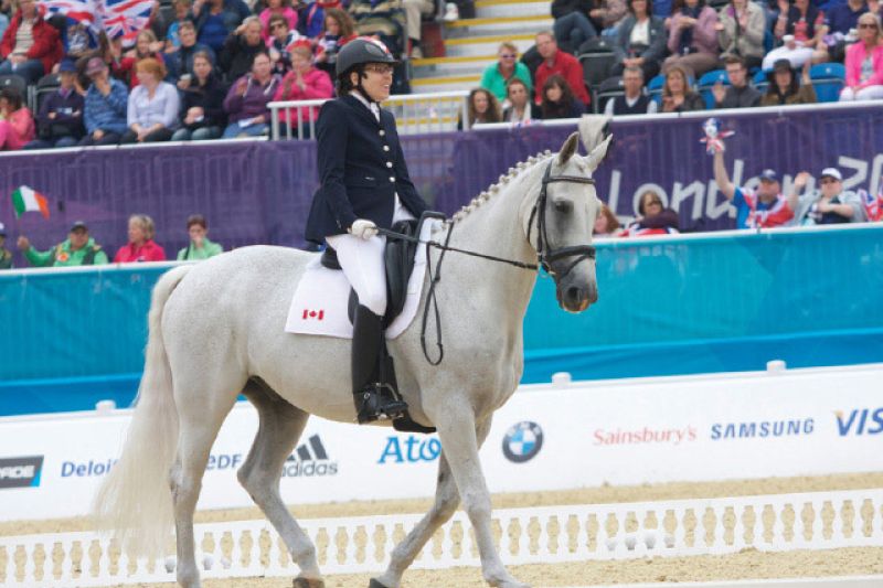 disabled equestrian competitor riding a white horse in an arena